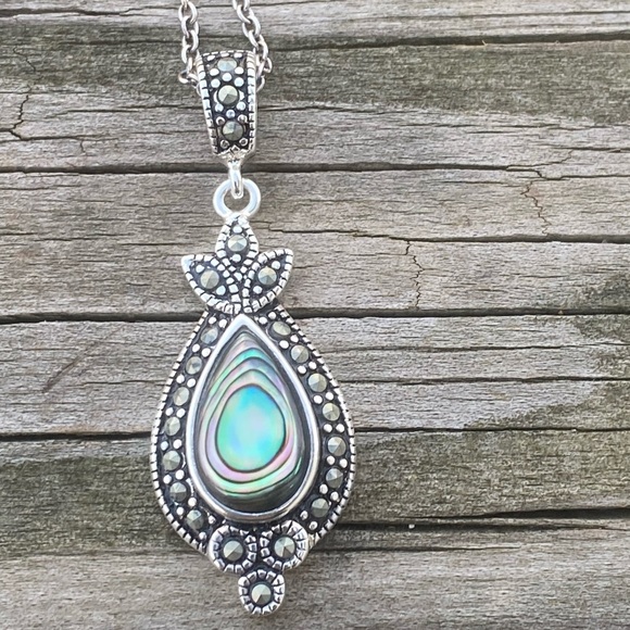 Abalone marcasite silver plated necklace new in box - Picture 4 of 10